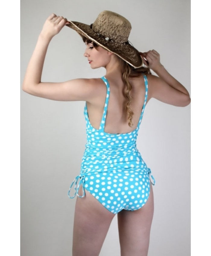 Blue and white polka dot swimsuit shop